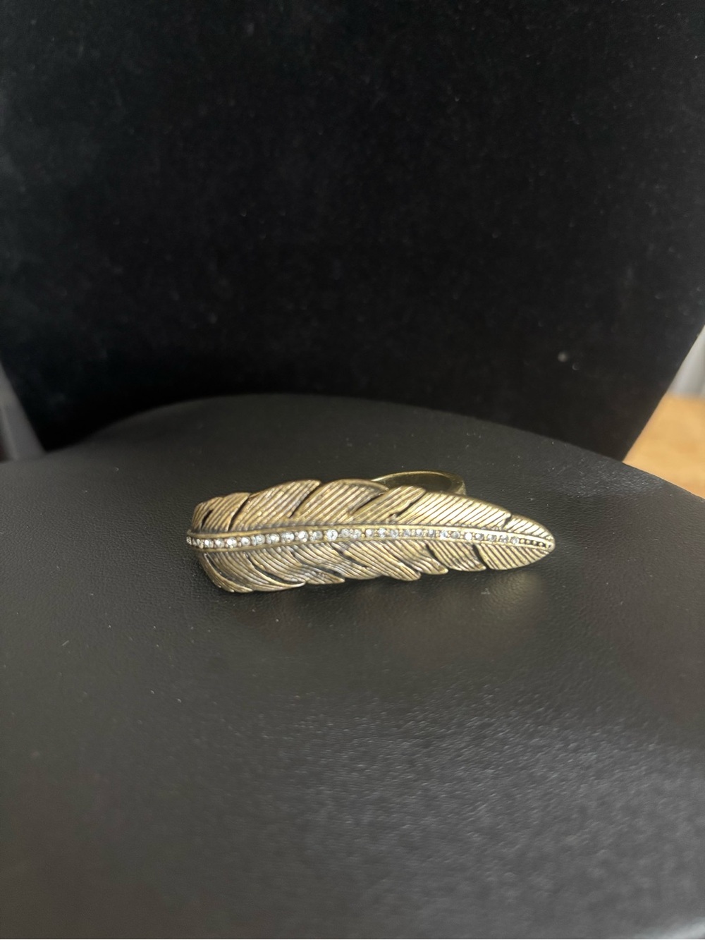Doubled Gold Feather Ring with Crystal Detail